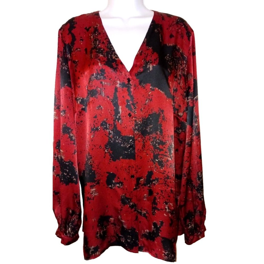 PER TE BY KRIZIA 18W Red w/ Black Print Long Sleeve V-Neck BF 100% Silk Blouse